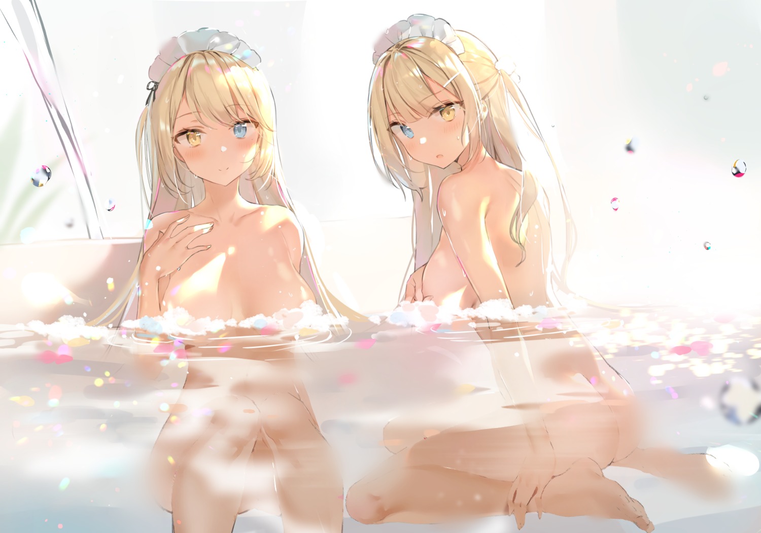 ass bathing breast_hold censored heterochromia kurutsu maid naked wet