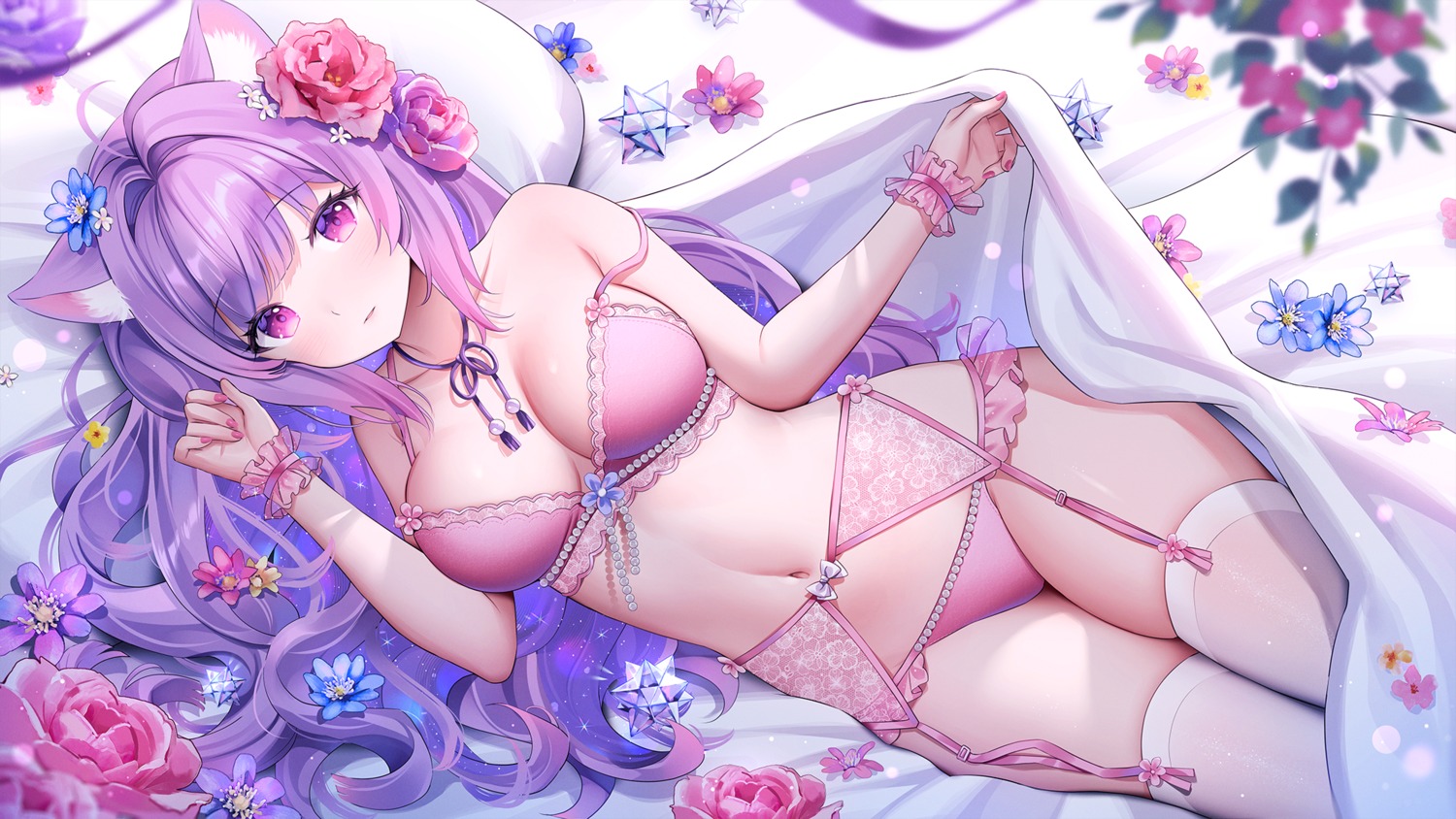 animal_ears bra garter_belt nami_(nyaa) nekomimi pantsu sheets stockings thighhighs