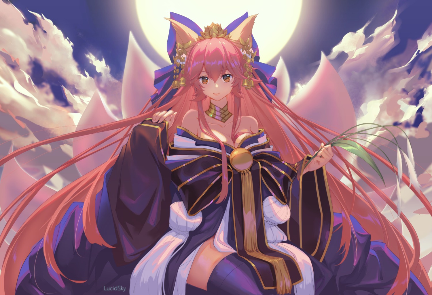 animal_ears cleavage fate/grand_order japanese_clothes lucid_sky open_shirt tail tamamo_no_mae thighhighs