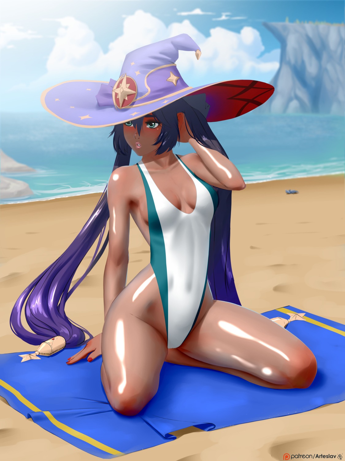 arteslav genshin_impact mona_megistus swimsuits witch