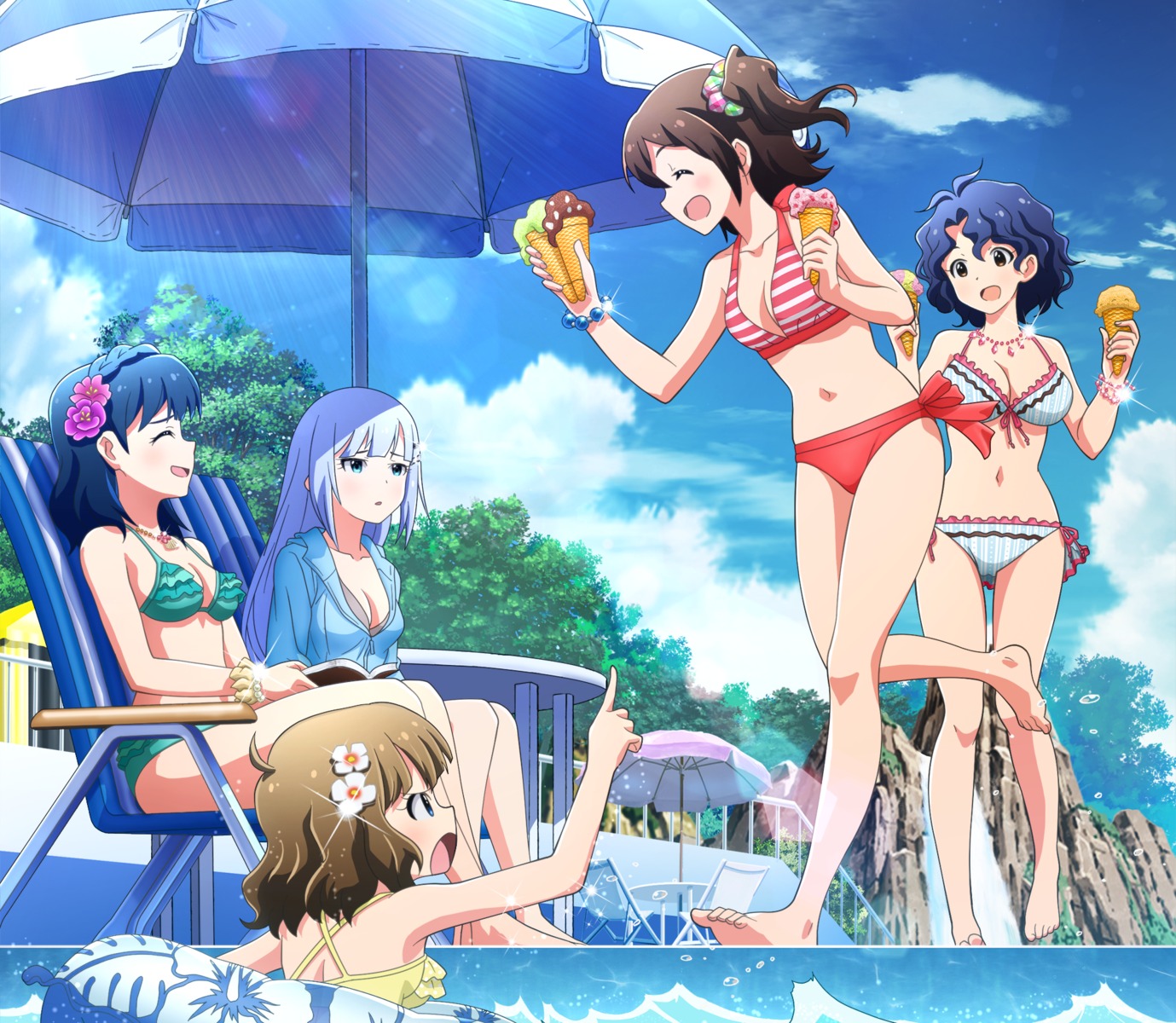 bikini cleavage digital_version disc_cover kasuga_mirai nanao_yuriko open_shirt shiraishi_tsumugi suou_momoko swimsuits the_idolm@ster the_idolm@ster_million_live! toyokawa_fuuka