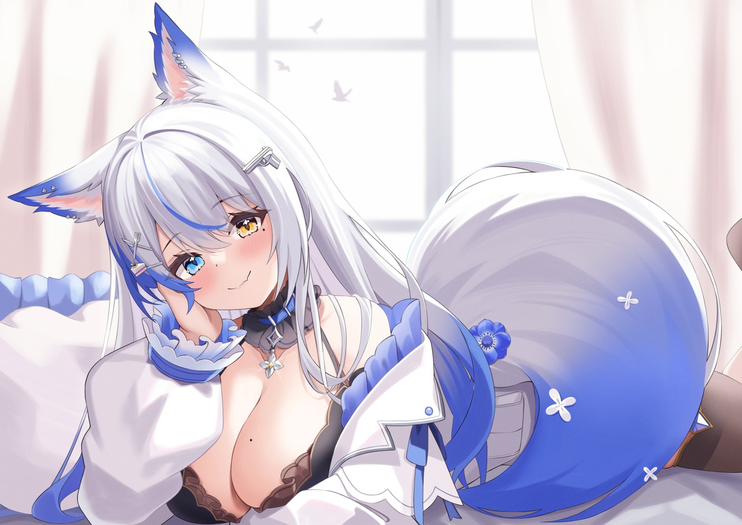 animal_ears bra elegant1266 heterochromia indie_virtual_youtuber kitsune lulebel open_shirt tail thighhighs