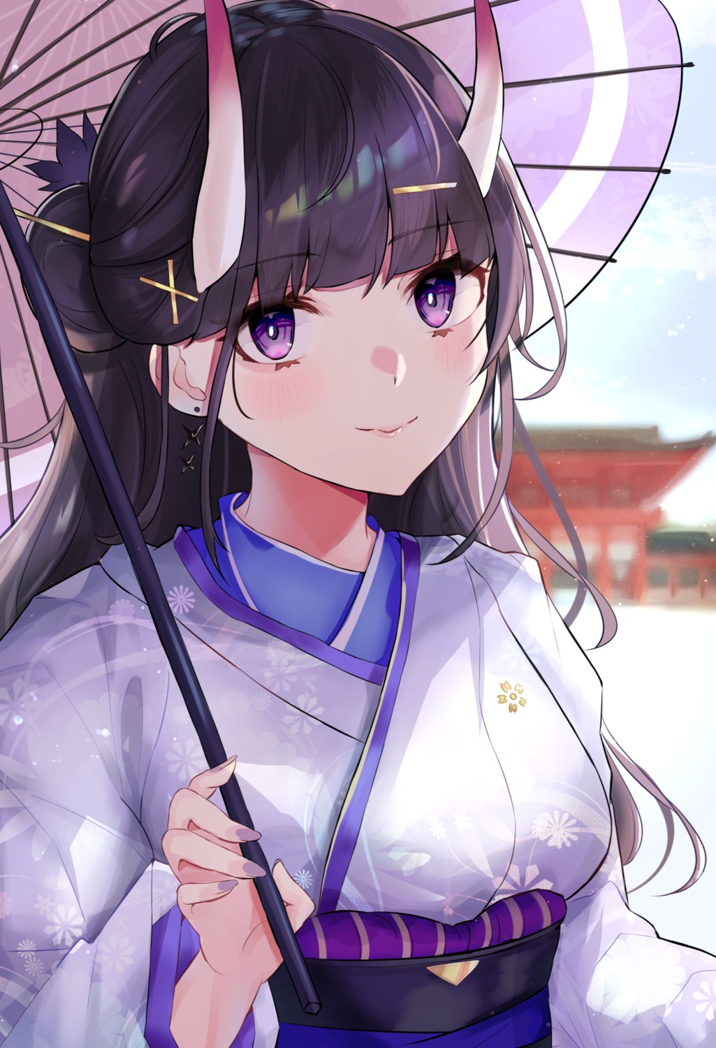 azur_lane horns kimono noshiro_(azur_lane) panipo umbrella