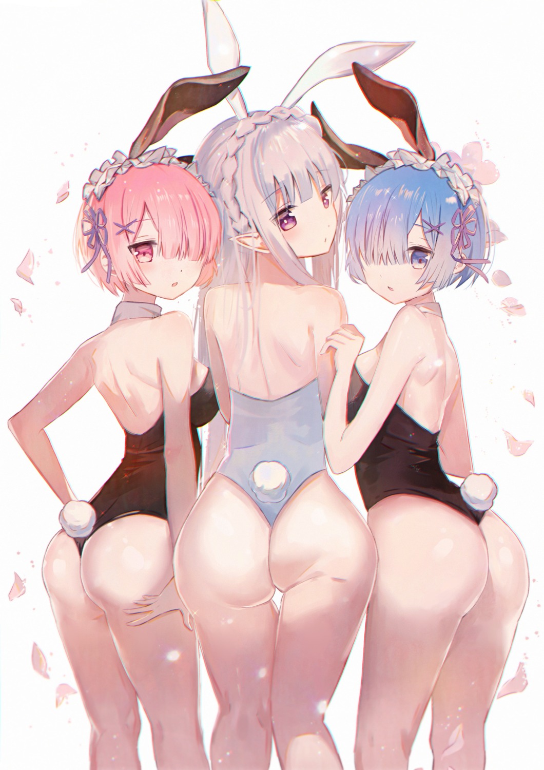 animal_ears ass bunny_ears bunny_girl dedeko elf emilia_(re_zero) no_bra pointy_ears ram_(re_zero) re_zero_kara_hajimeru_isekai_seikatsu rem_(re_zero) tail