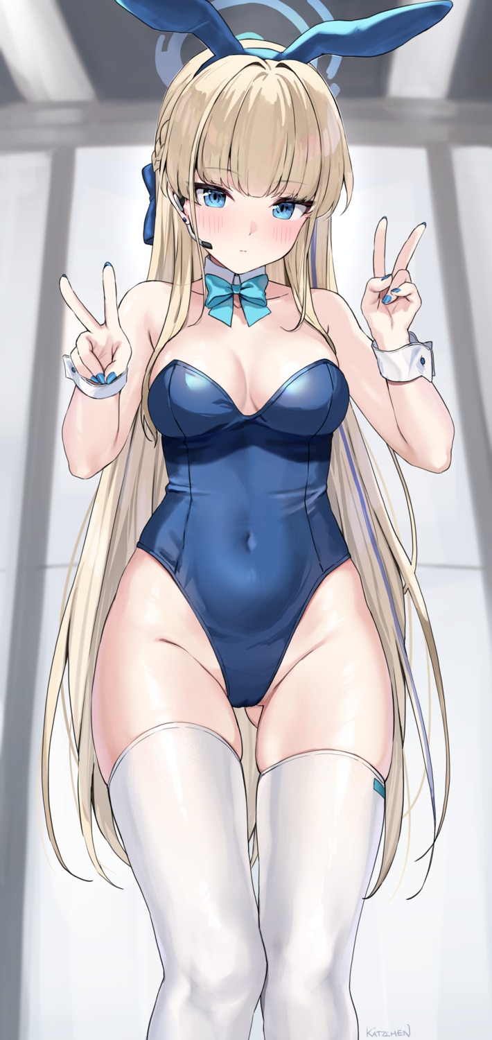 animal_ears asuma_toki blue_archive bunny_ears bunny_girl cameltoe halo kaetzchen no_bra thighhighs