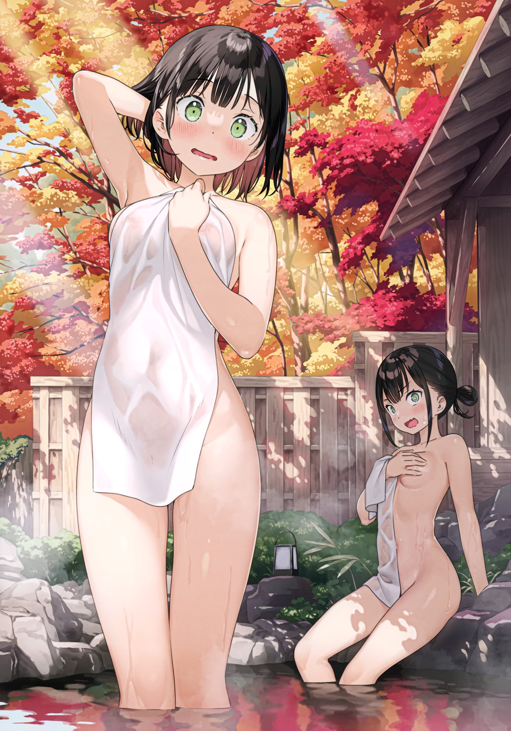 akemi_(kantoku) breast_hold detexted himeru_(kantoku) kantoku naked nipples no_bra onsen photoshop pussy see_through towel wet