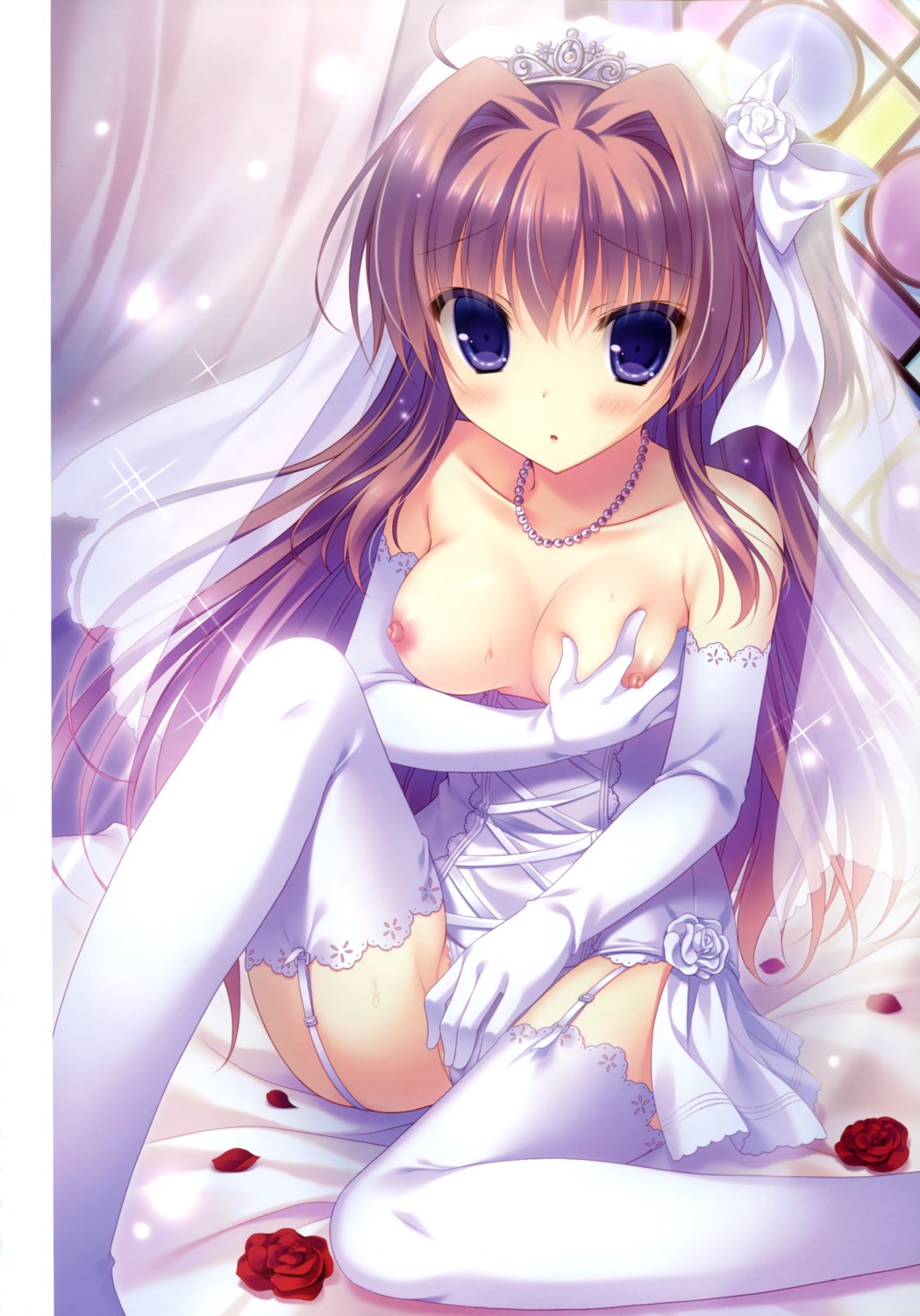 azuse_matsuri breast_grab breasts cabbit cameltoe dress kimi_e_okuru_sora_no_hana masturbation nipples open_shirt pantsu stockings thighhighs wedding_dress yukie