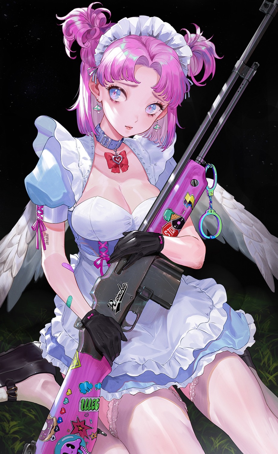 cleavage ekao gun maid thighhighs wings