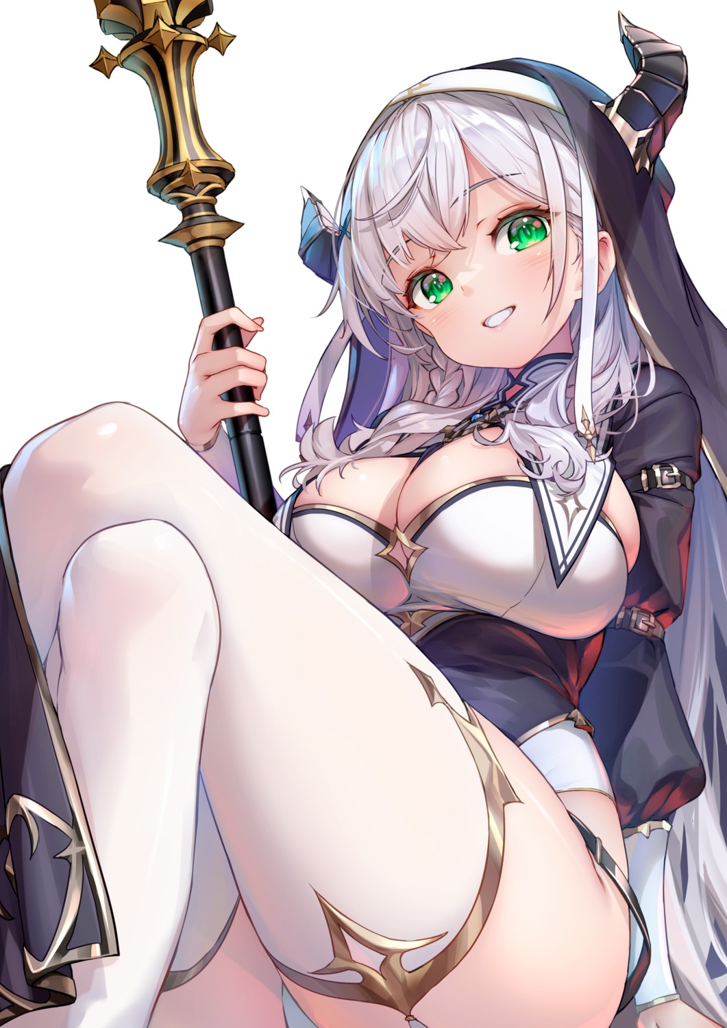 hololive hong_(white_spider) horns leotard no_bra nun shirogane_noel skirt_lift stockings thighhighs weapon