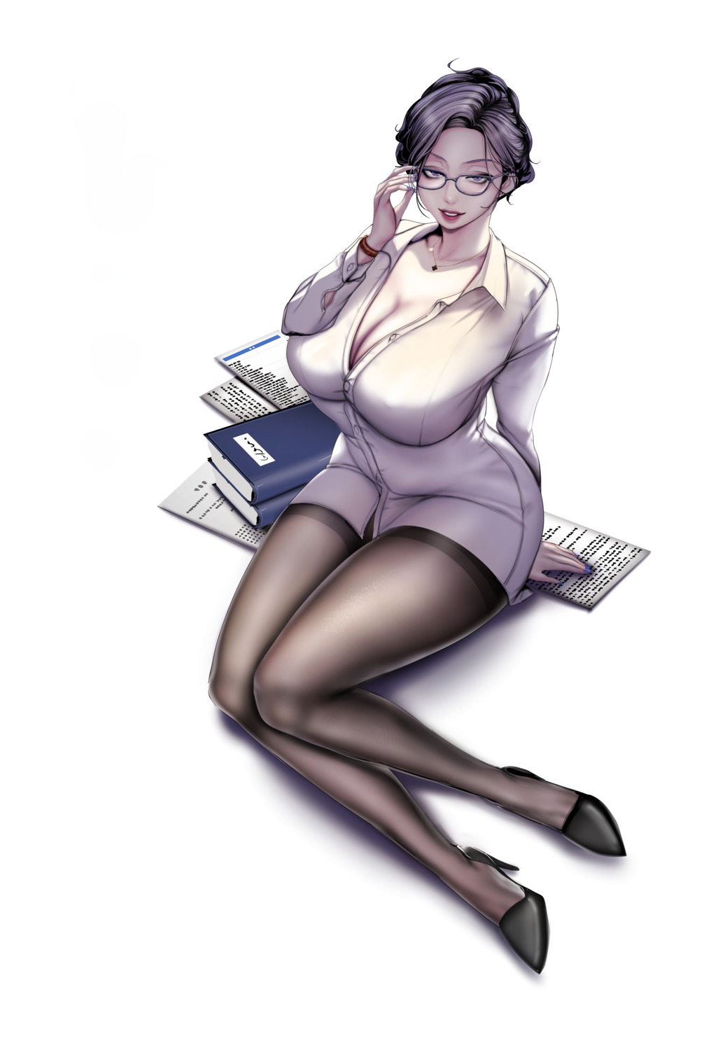 brave_new_world cleavage detexted heels megane open_shirt pantyhose yoongonji