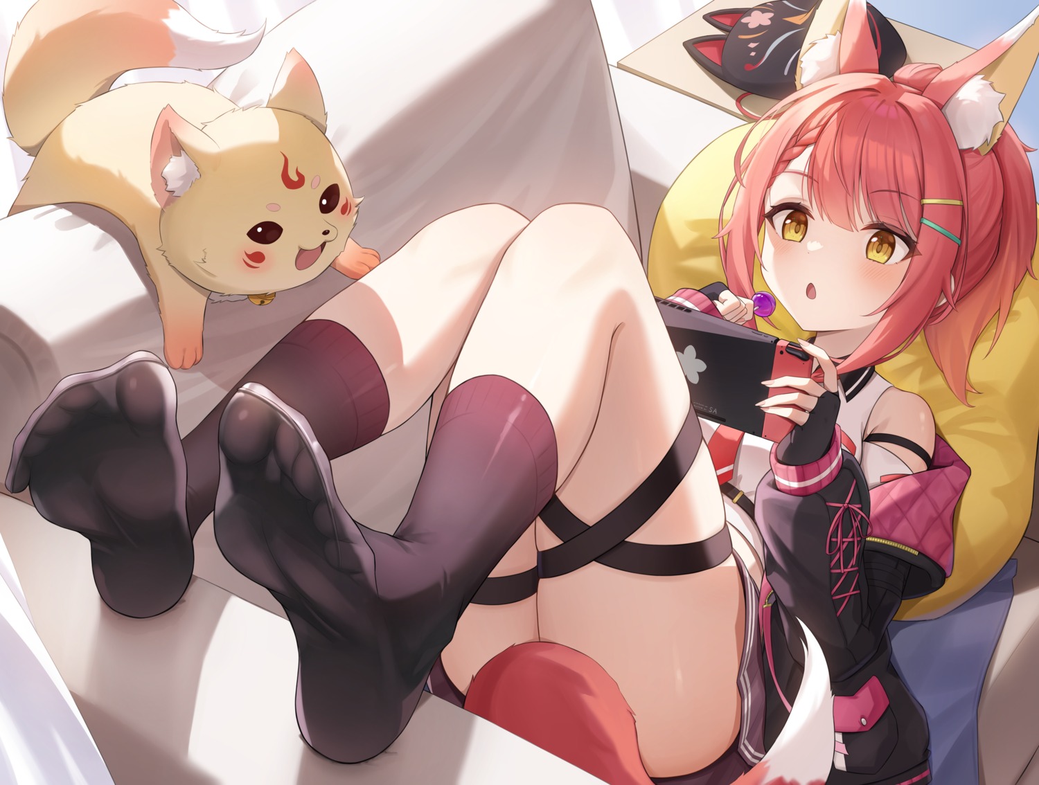 animal_ears feet garter halonakoma9 kitsune skirt_lift tail