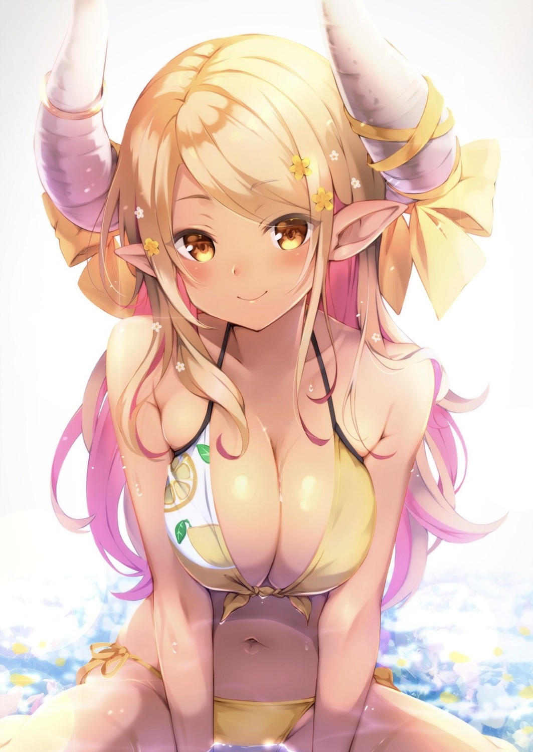 bikini granblue_fantasy horns kuvira_(granblue_fantasy) pilokey pointy_ears swimsuits wet