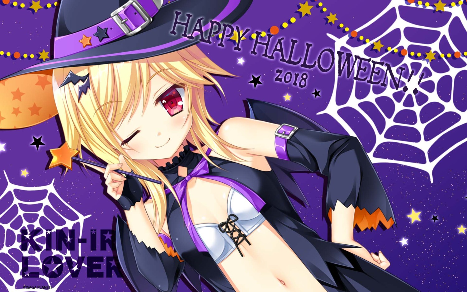 bra cleavage halloween hontani_kanae kin'iro_loveriche open_shirt saga_planets souma_ria wallpaper wings witch