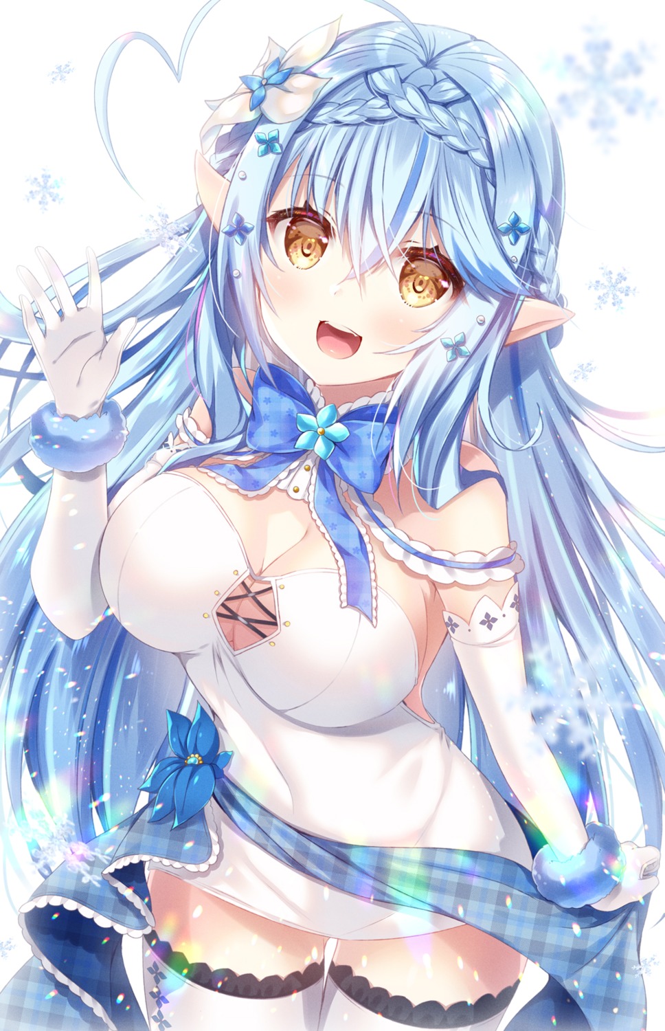 cleavage dress elf hololive ko_yu no_bra pointy_ears thighhighs yukihana_lamy