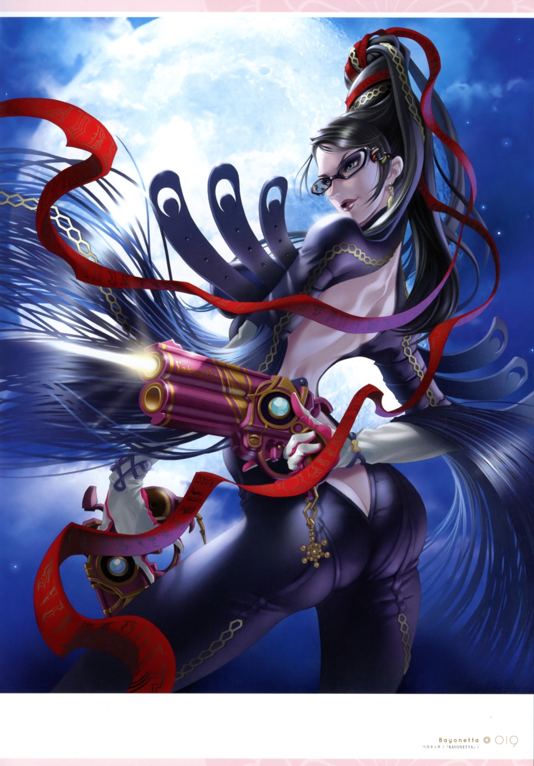 ass bayonetta bayonetta_(character) bodysuit gun megane no_bra overfiltered sega tagme