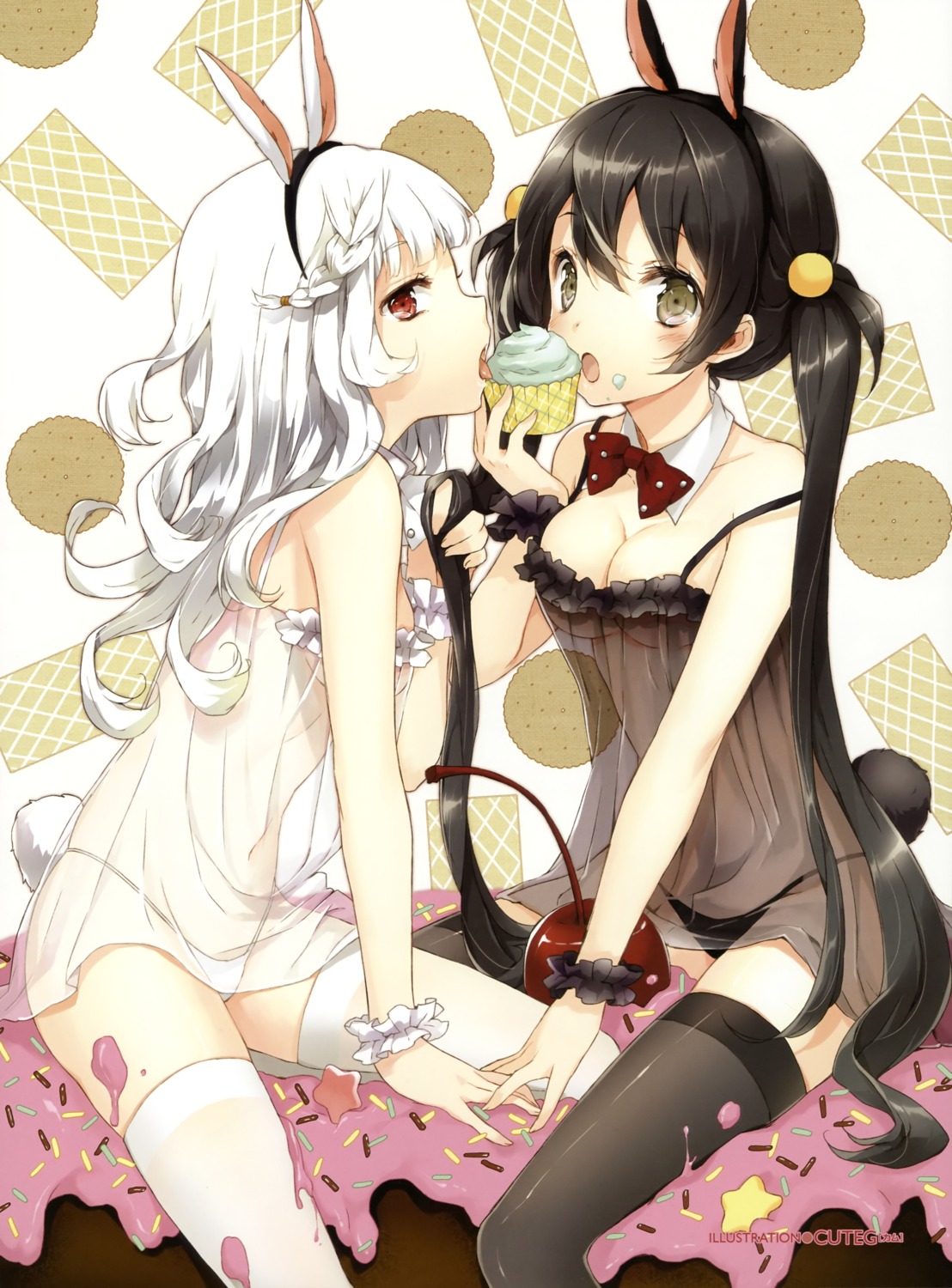 animal_ears bunny_ears cleavage cream cuteg lingerie pantsu see_through tail thighhighs