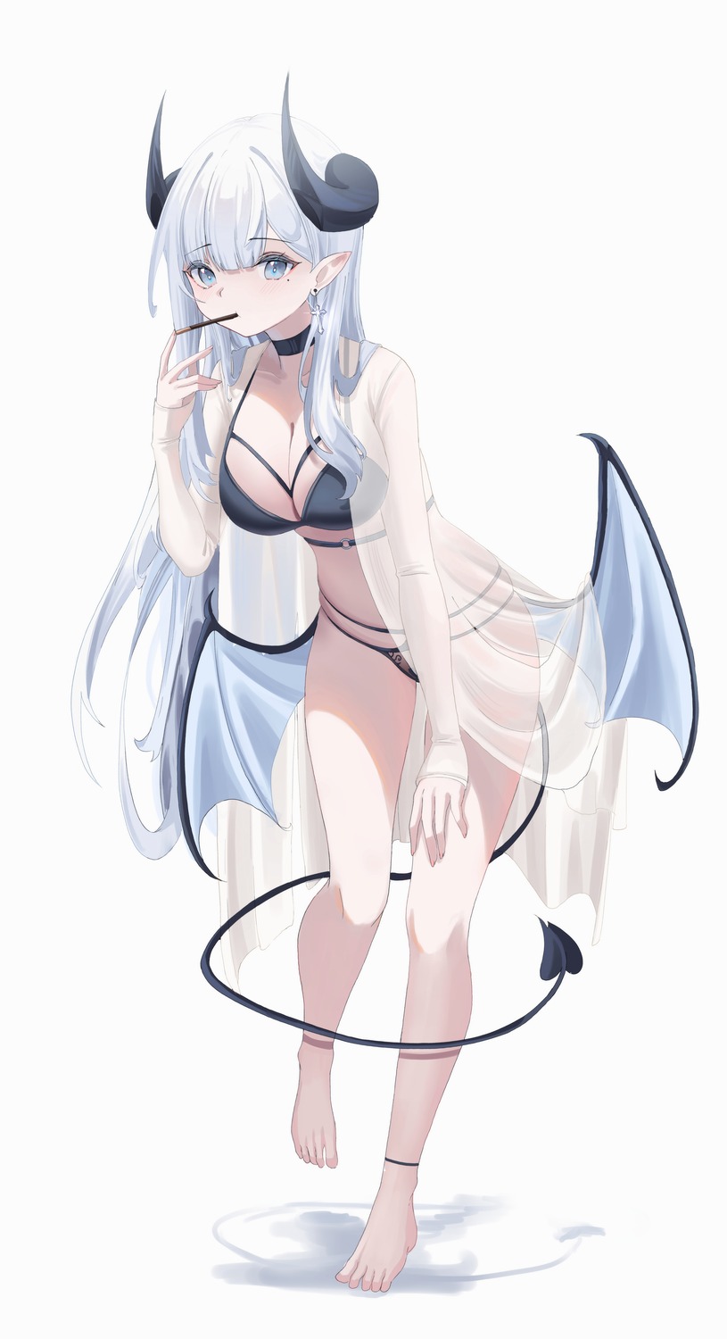 bikini cake_walker devil horns open_shirt pointy_ears see_through swimsuits tail wings