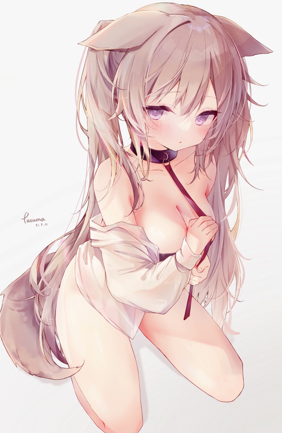 animal_ears bottomless fusuma_(ramunezake) no_bra open_shirt see_through tail