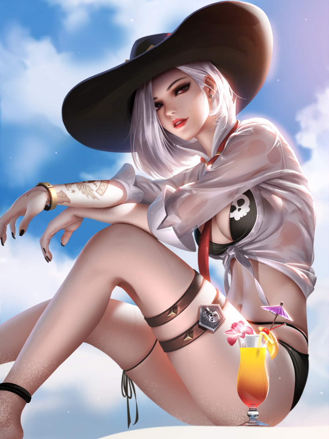 ashe_(overwatch) bikini garter liang_xing open_shirt overwatch see_through swimsuits tattoo wet_clothes