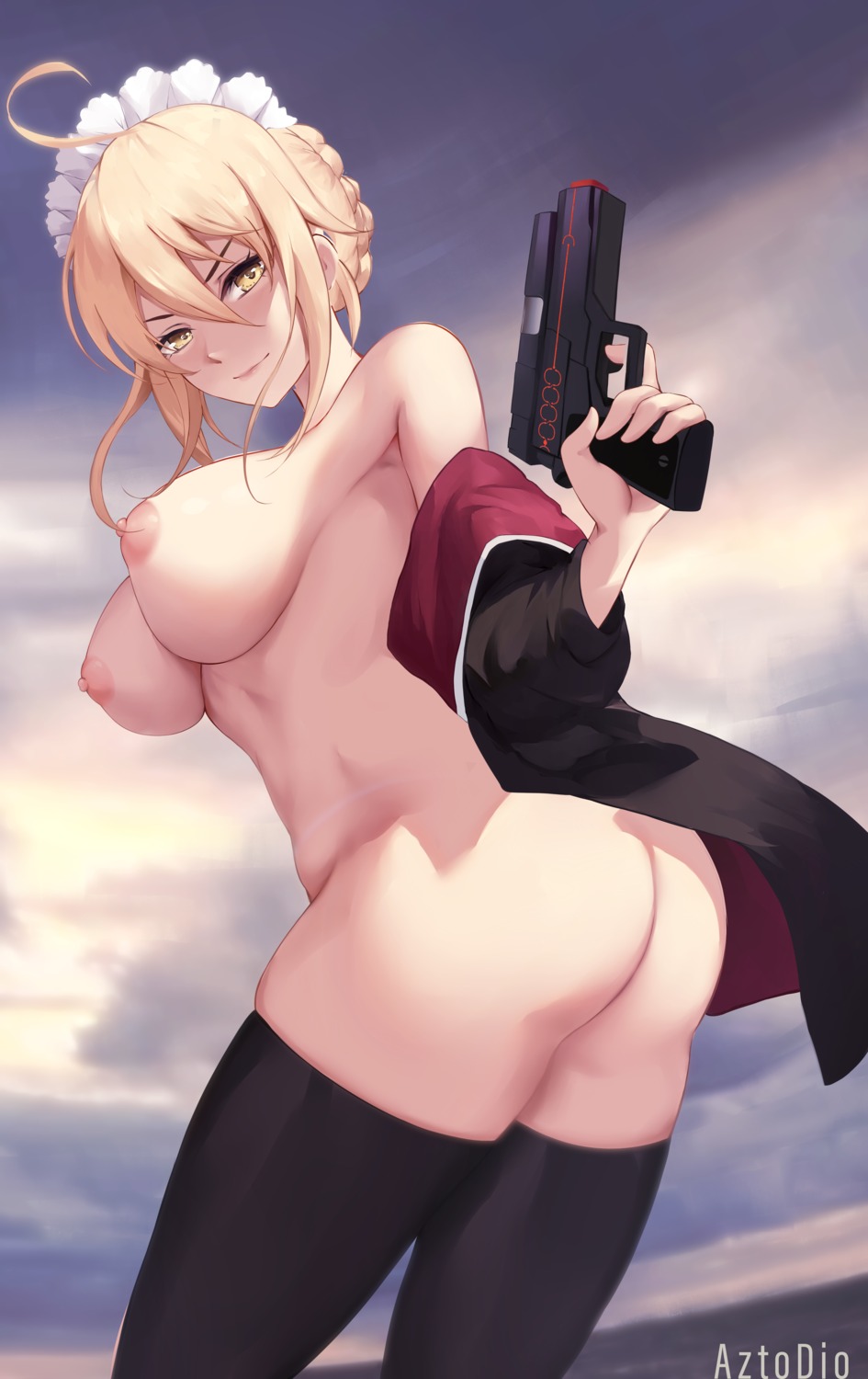 ass azto_dio bottomless breasts fate/grand_order gun nipples no_bra open_shirt saber saber_alter thighhighs