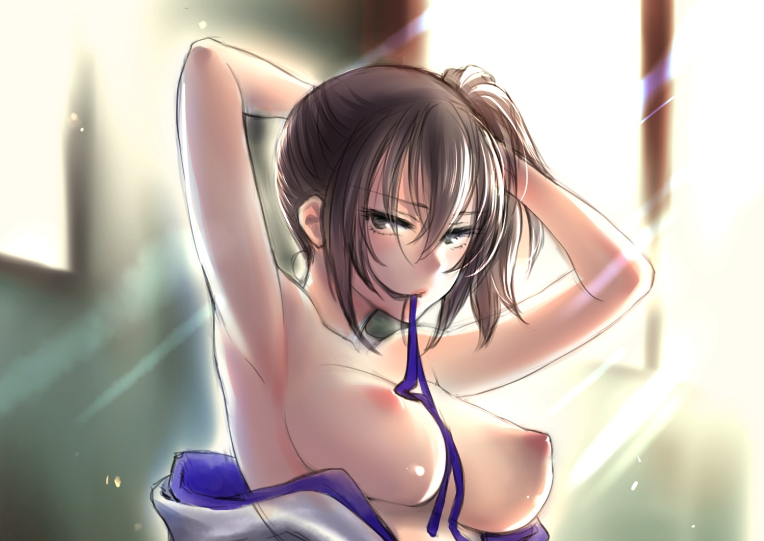 breasts kaga_(kancolle) kantai_collection nipples no_bra open_shirt shoukaki undressing