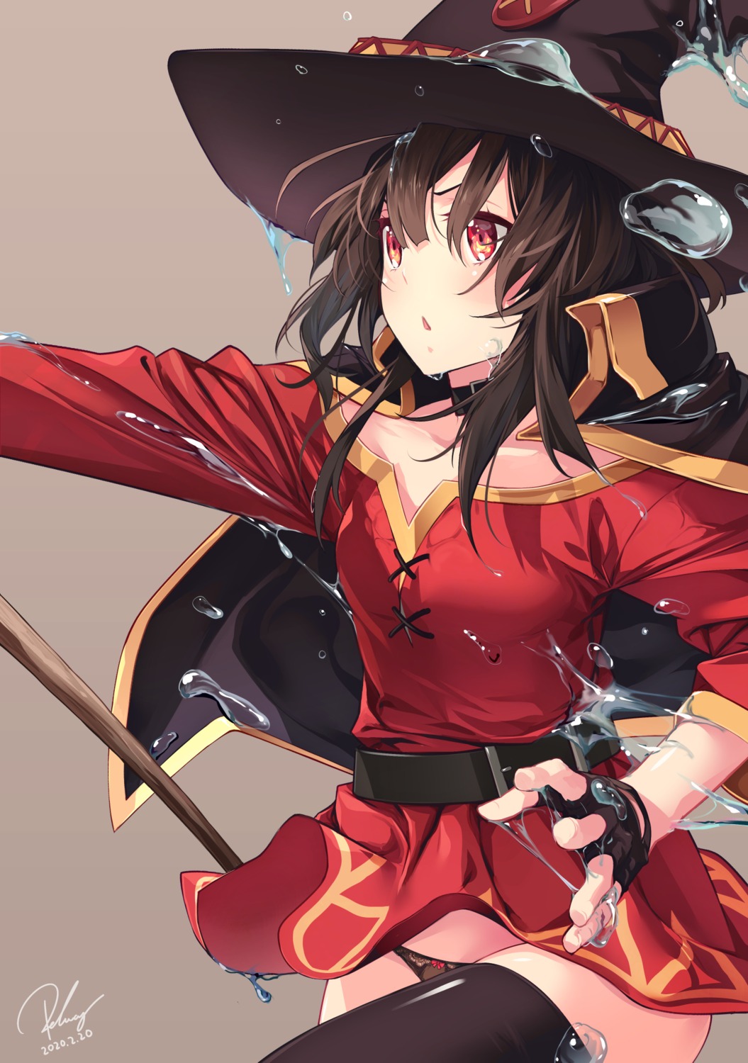 dress kono_subarashii_sekai_ni_shukufuku_wo! megumin pantsu re_lucy skirt_lift thighhighs weapon witch