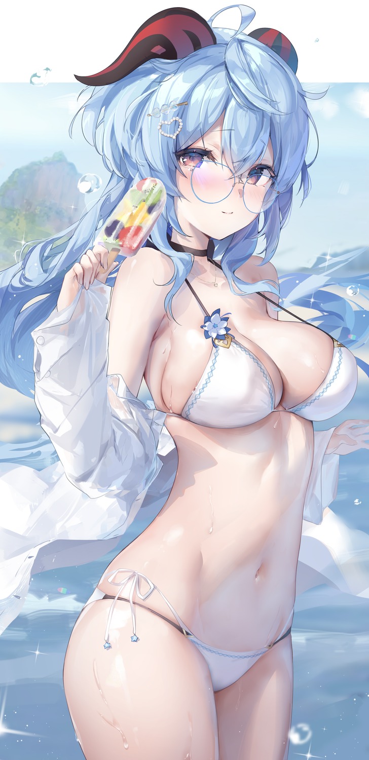 bikini ganyu genshin_impact megane odaefnyo open_shirt swimsuits wet wet_clothes