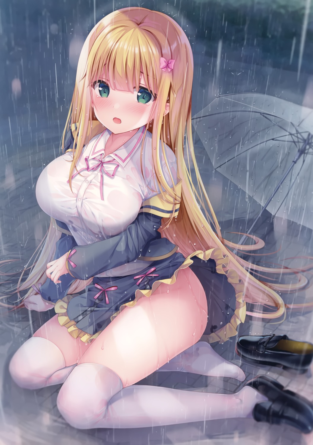 inagaki_minami nopan see_through seifuku shirt_lift thighhighs twinbox twinbox_school umbrella wet wet_clothes