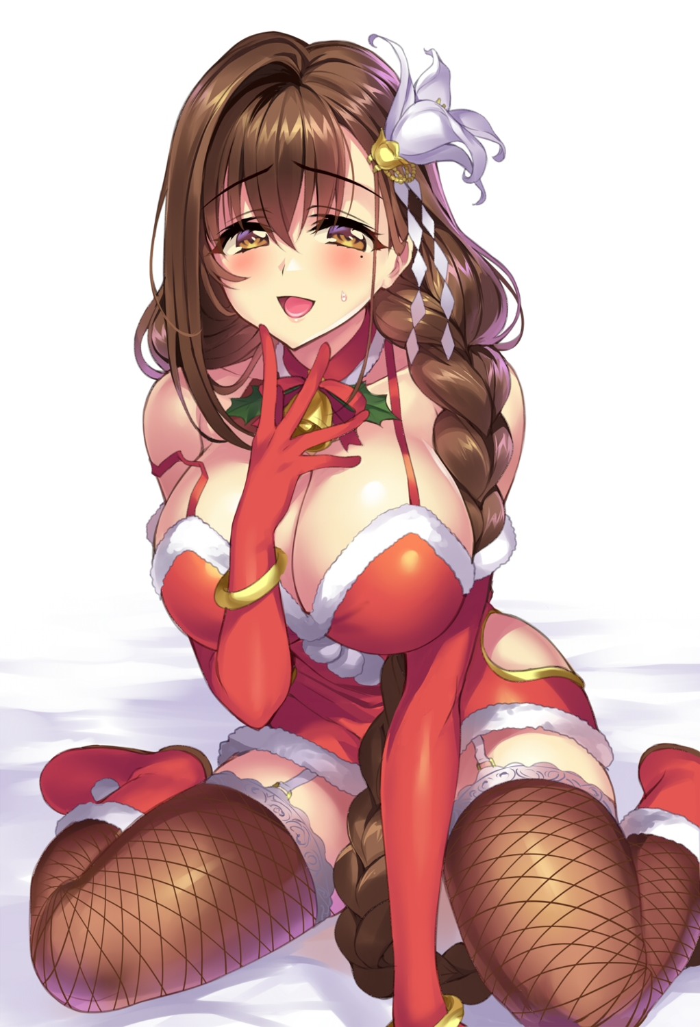 christmas cleavage dress fishnets kanpani_girls senri_gan shirayuri_sakura stockings thighhighs