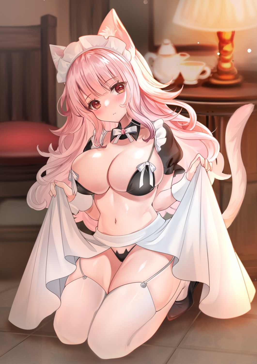 animal_ears bikini katsushika_pachi maid nekomimi skirt_lift stockings swimsuits tail thighhighs