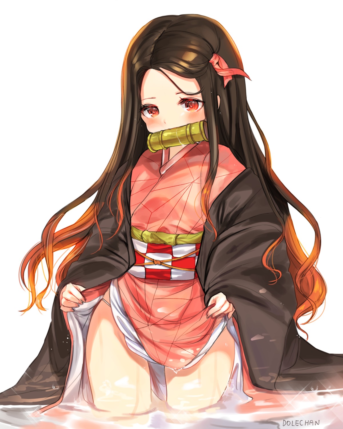 dolechan japanese_clothes kamado_nezuko kimetsu_no_yaiba pantsu skirt_lift wet