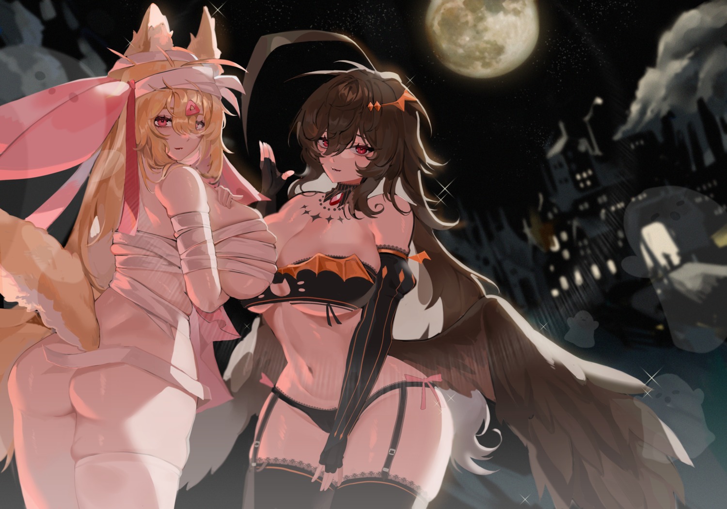 animal_ears ass bandages bra breast_hold halloween kitsune lingerie naked_ribbon pantsu rima stockings tail thighhighs wings