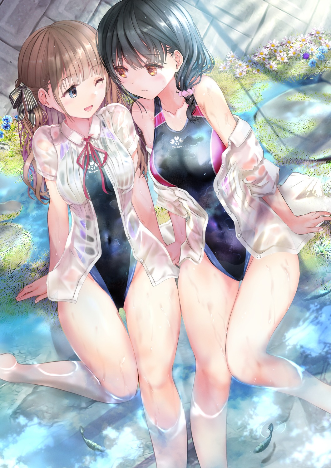 ogata_tei open_shirt seifuku swimsuits wet wet_clothes