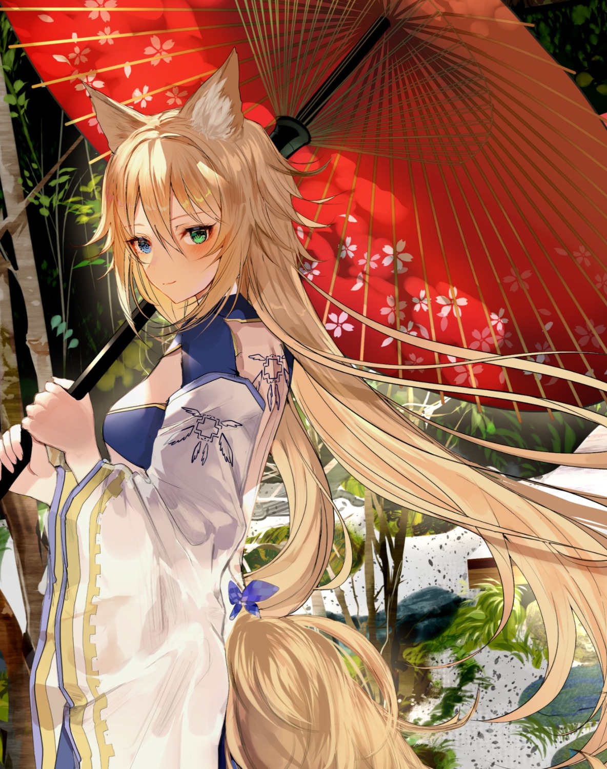 animal_ears cem heterochromia japanese_clothes kitsune tail tattoo umbrella