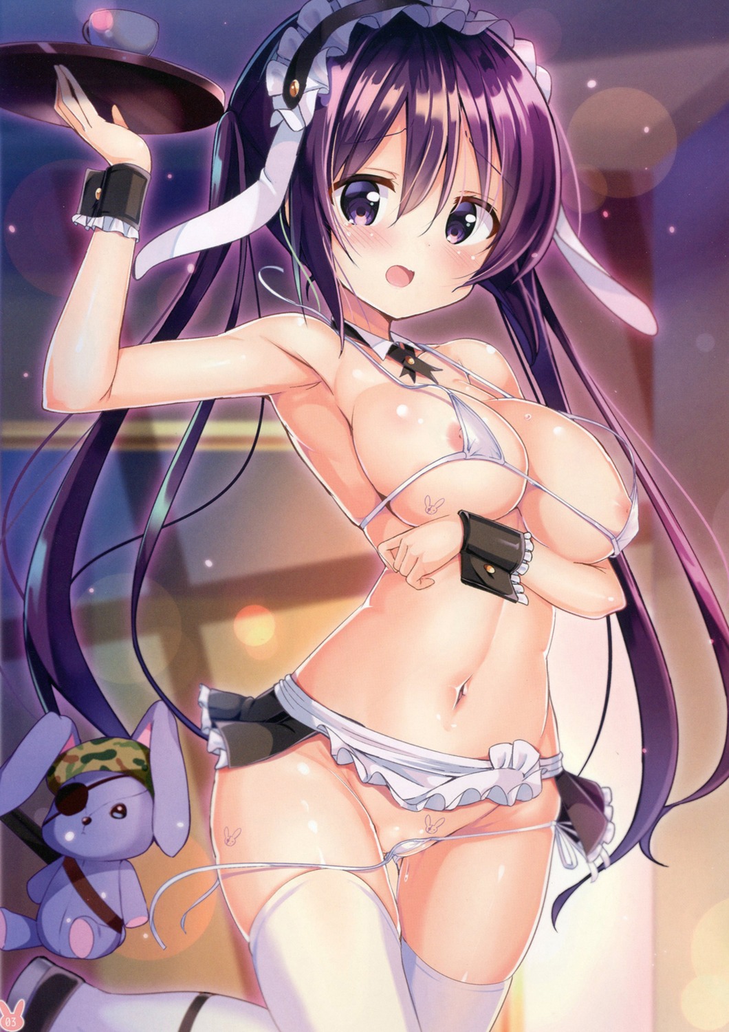 animal_ears areola bikini breast_hold bunny_ears gochuumon_wa_usagi_desu_ka? kurou_(quadruple_zero) maid nipple_slip panty_pull swimsuits tattoo tedeza_rize thighhighs wardrobe_malfunction