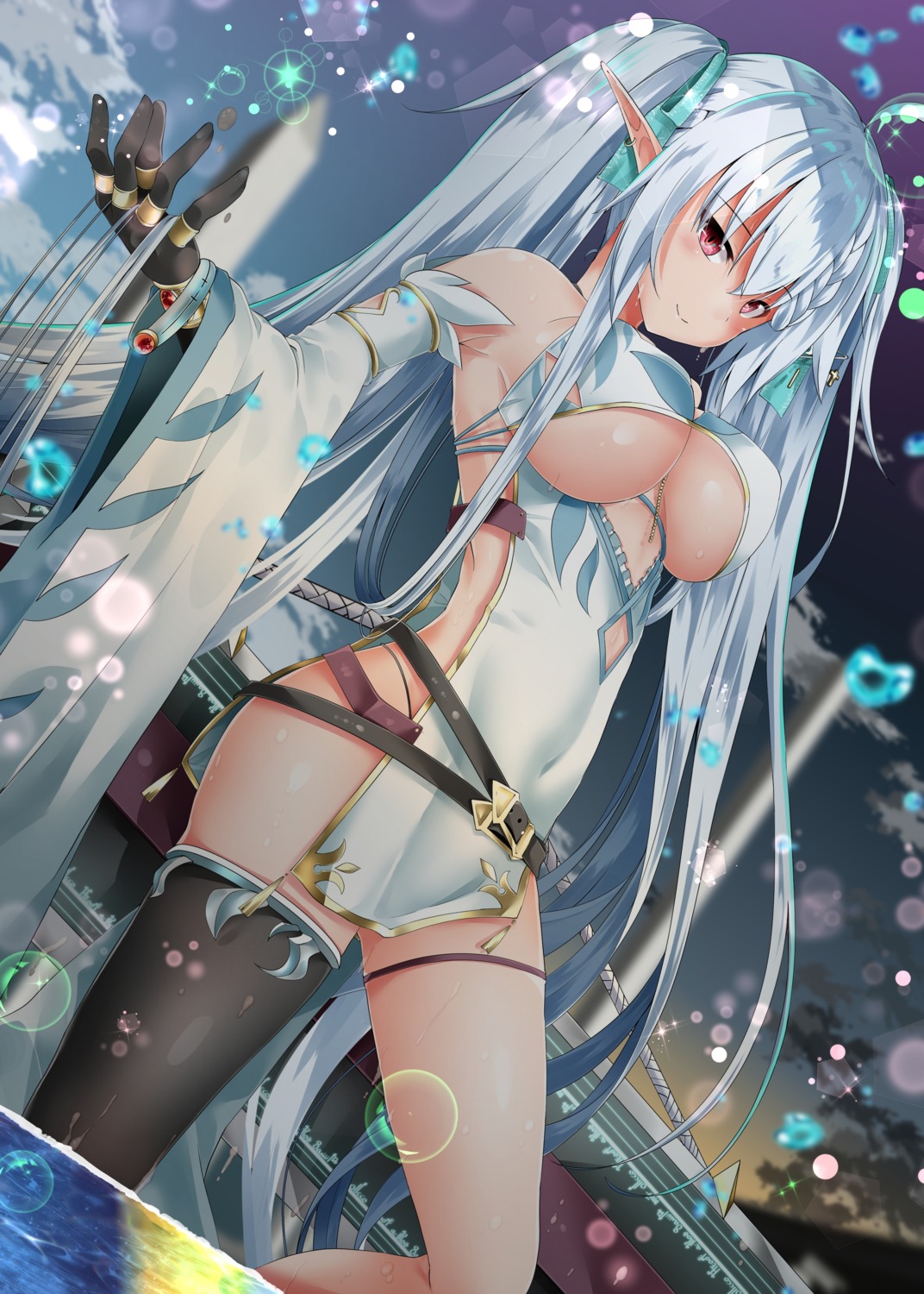 dress elf garter no_bra pointy_ears shirosuzu tattoo thighhighs