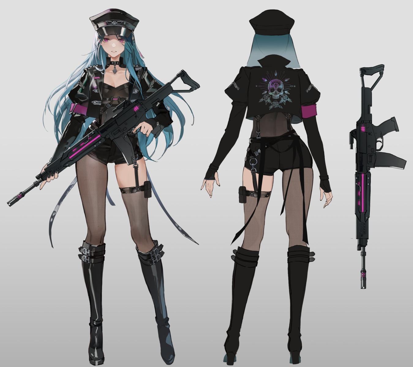 ass character_design cleavage garter gun heels okku stockings thighhighs