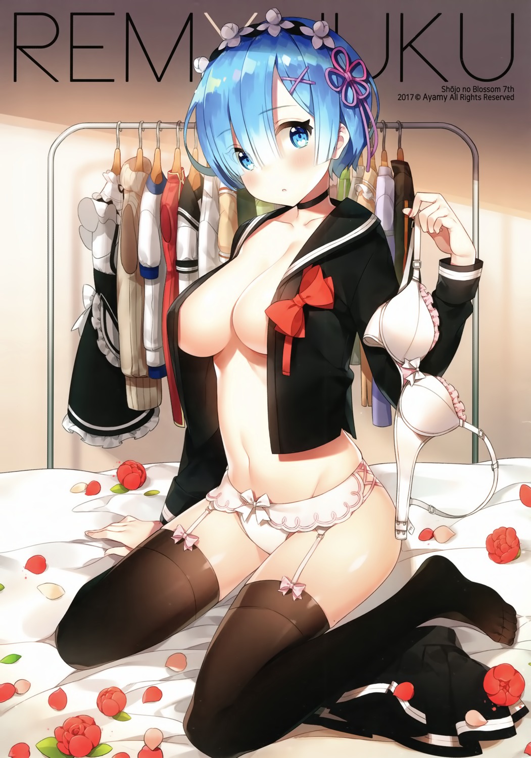 ayamy bra hachigo no_bra open_shirt pantsu re_zero_kara_hajimeru_isekai_seikatsu rem_(re_zero) seifuku stockings thighhighs