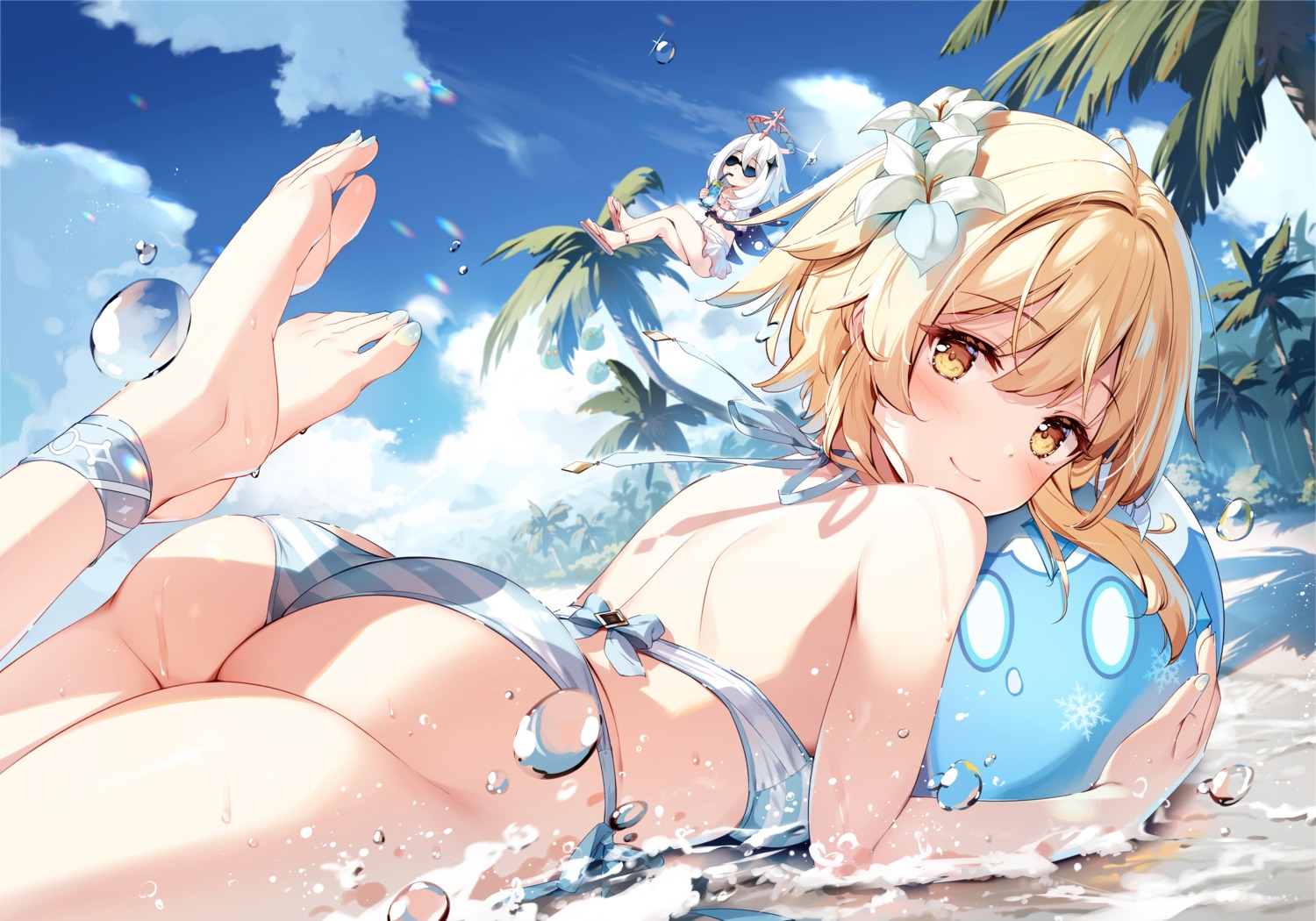 ass bikini feet genshin_impact lumine megane miyase_mahiro paimon skirt_lift swimsuits wet