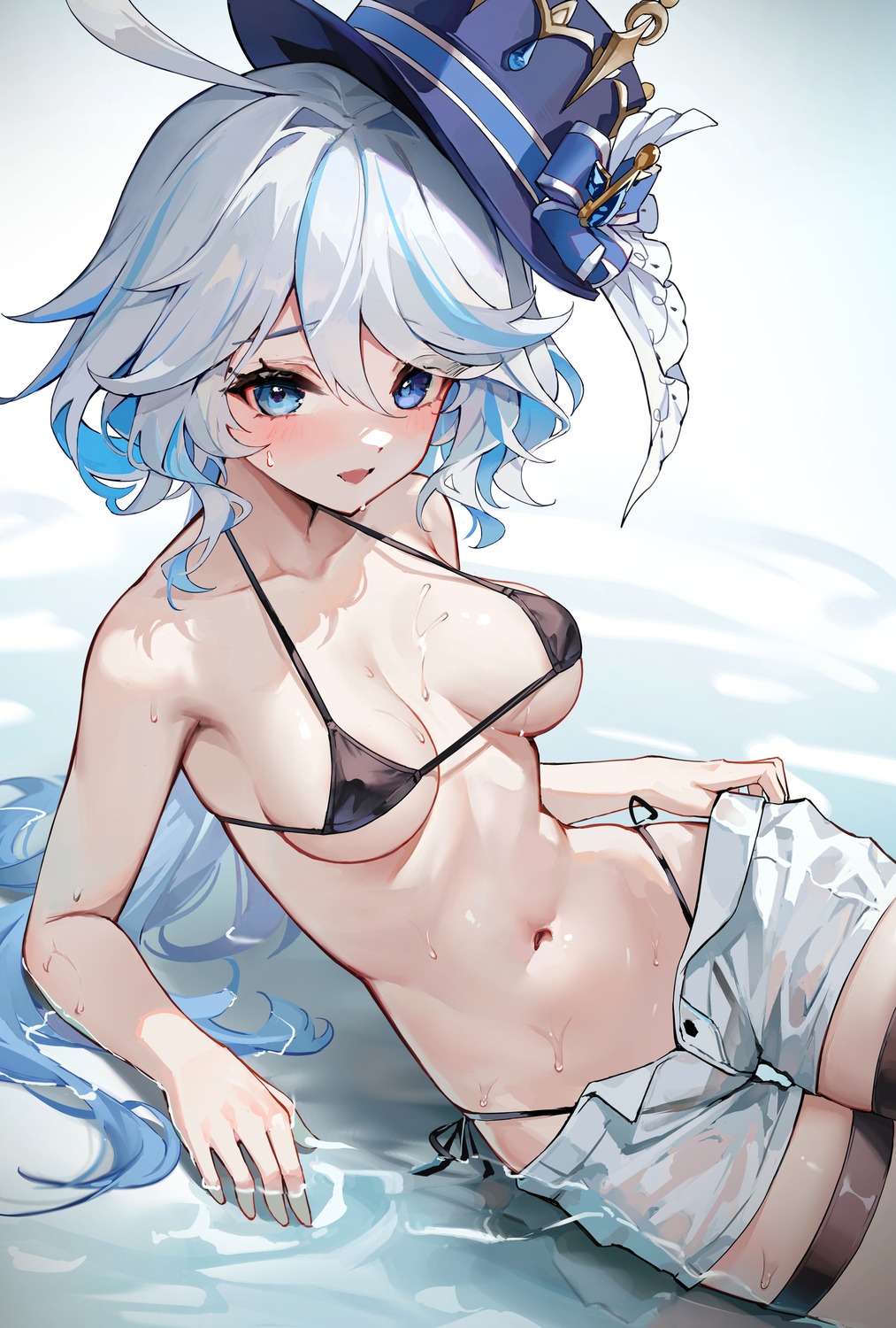 bikini erect_nipples furina garter genshin_impact heterochromia hundun_no_bifang see_through swimsuits undressing wet wet_clothes