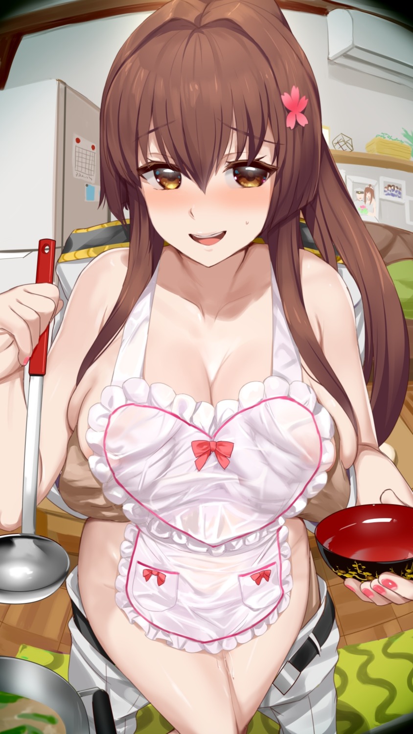 admiral_(kancolle) breast_grab kantai_collection kusaka_souji naked_apron see_through uniform yamato_(kancolle)