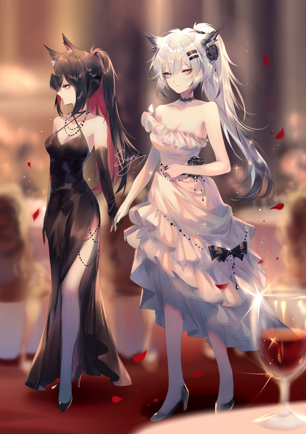 animal_ears arknights dress heels lappland_(arknights) no_bra sheya texas_(arknights) yuri