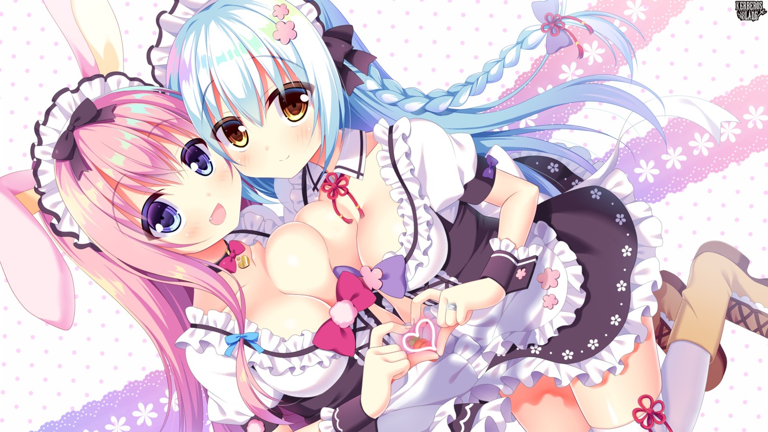 cleavage kerberos_blade maid symmetrical_docking thighhighs wallpaper yuyumatsu