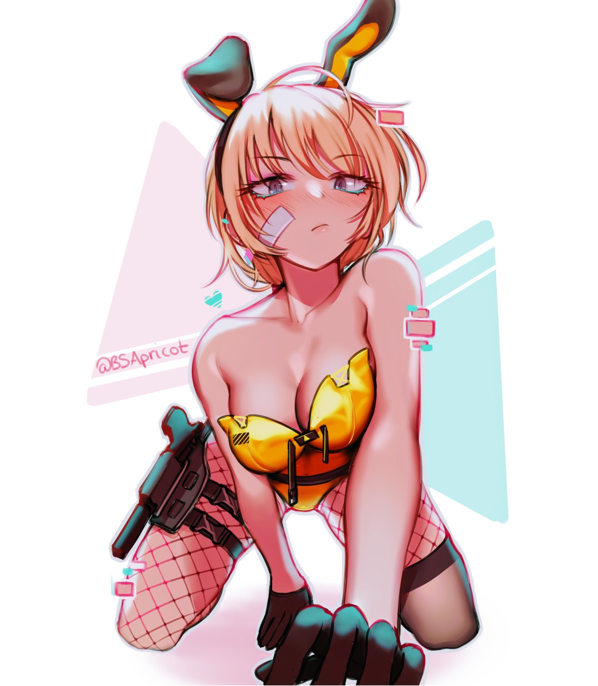 animal_ears bandaid bsapricot bunny_ears bunny_girl cleavage fishnets garter gun no_bra pantyhose thighhighs