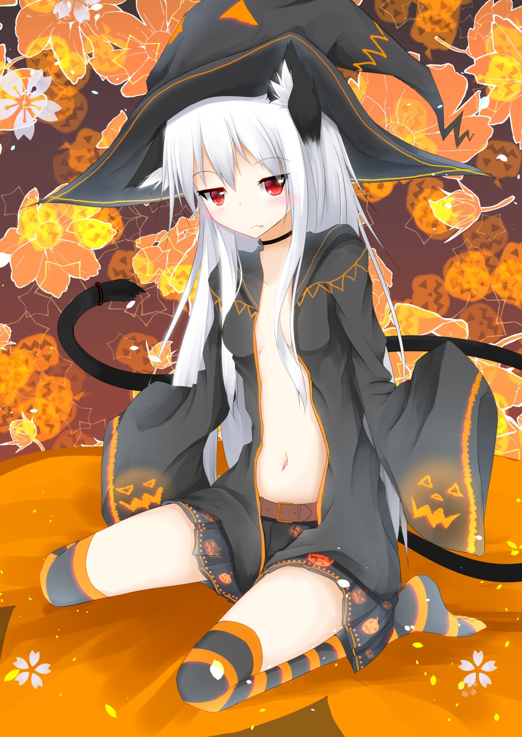 animal_ears cleavage halloween haromasa loli nekomimi no_bra open_shirt tail thighhighs witch