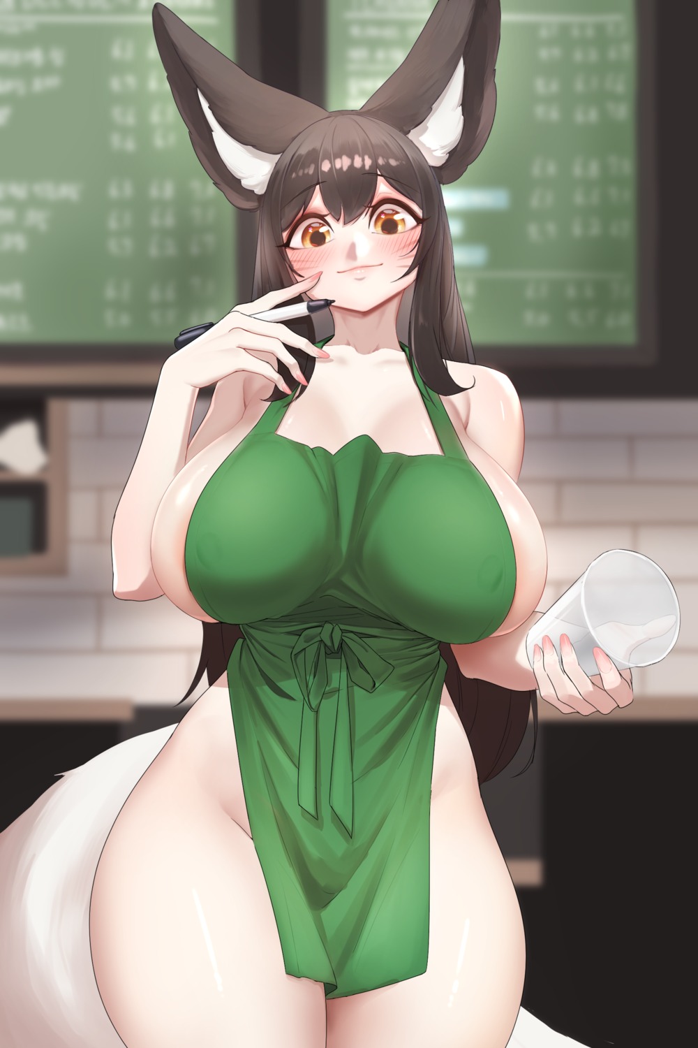 ahri animal_ears areola erect_nipples kitsune league_of_legends naked_apron tail yabby