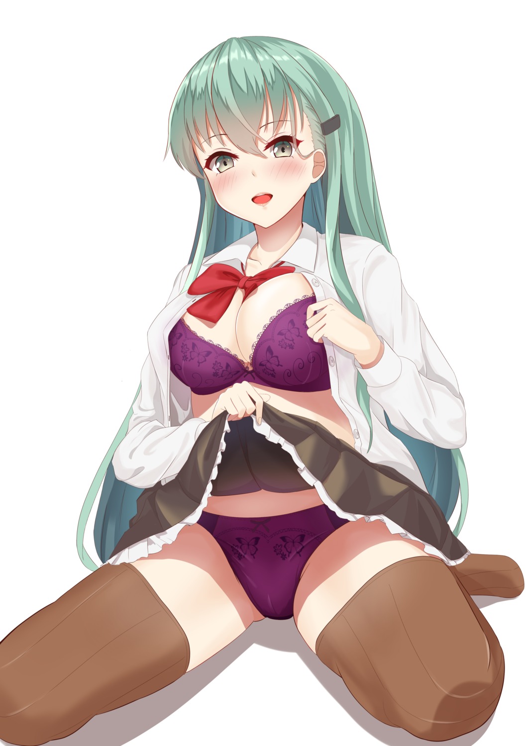 bra cleavage kantai_collection open_shirt pantsu seifuku skirt_lift suzuya_(kancolle) thighhighs zuki