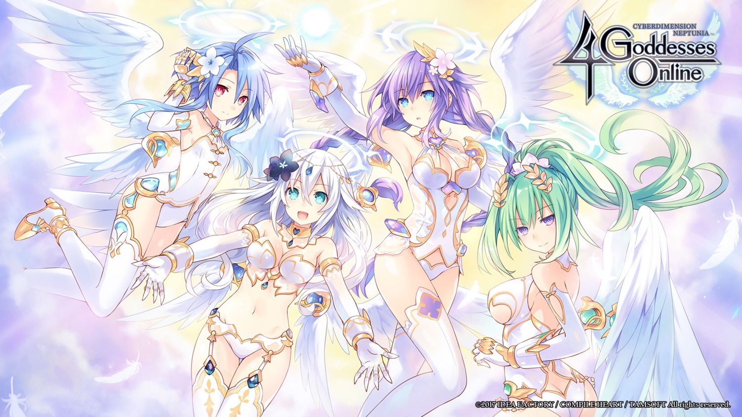 armor bikini_armor black_heart choujigen_game_neptune cleavage four_goddesses_online:_cyber_dimension_neptune green_heart heels leotard purple_heart stockings thighhighs tsunako wallpaper white_heart wings