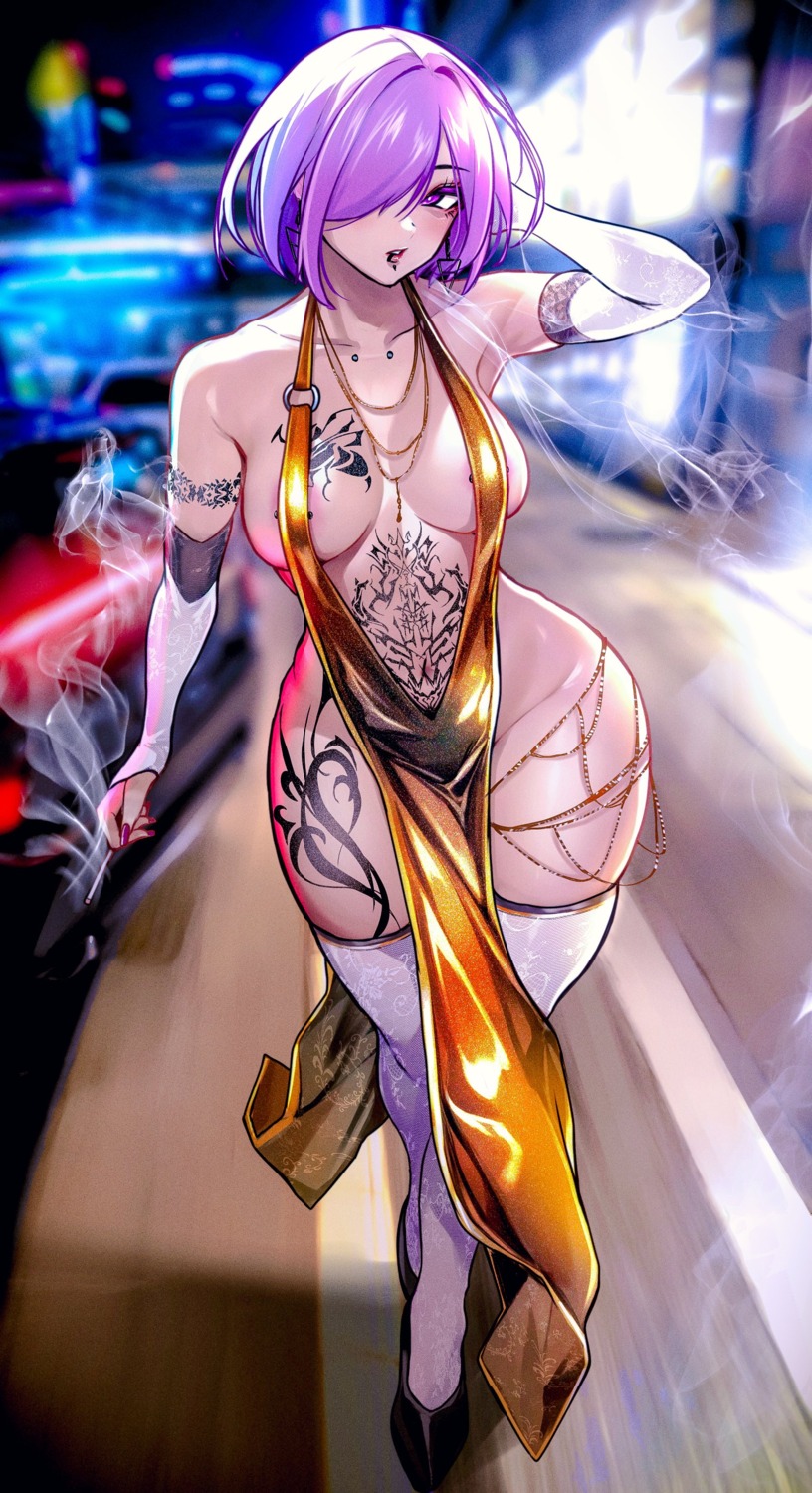 0odrosselo0 areola dress fate/grand_order heels mash_kyrielight no_bra nopan smoking tattoo thighhighs