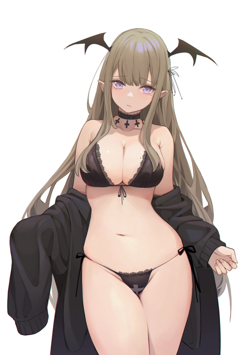 bra nekojira open_shirt pantsu pointy_ears string_panties sweater thong wings